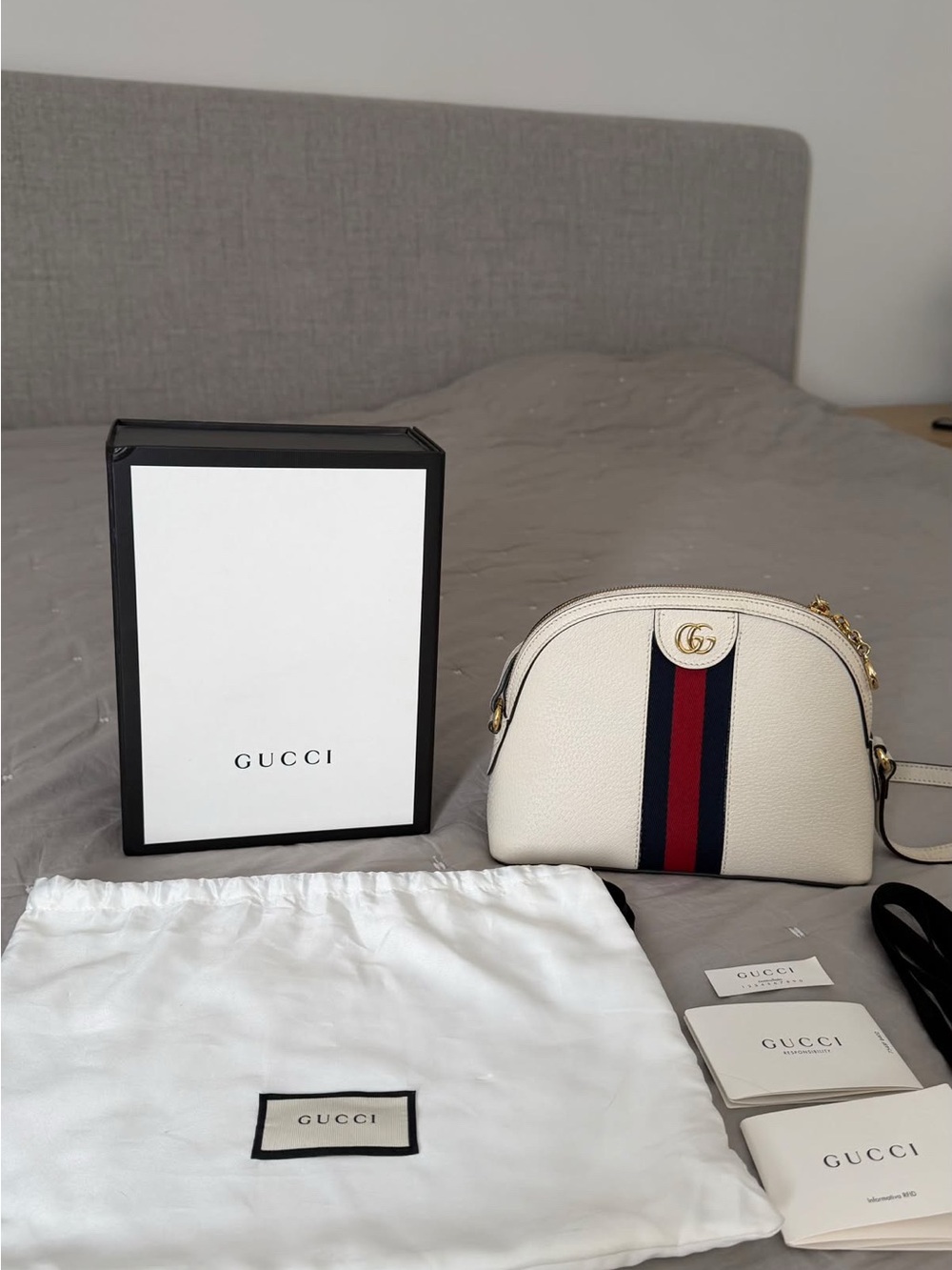 Gucci Cream Leather Crossbody with Navy and Red Web Stripe